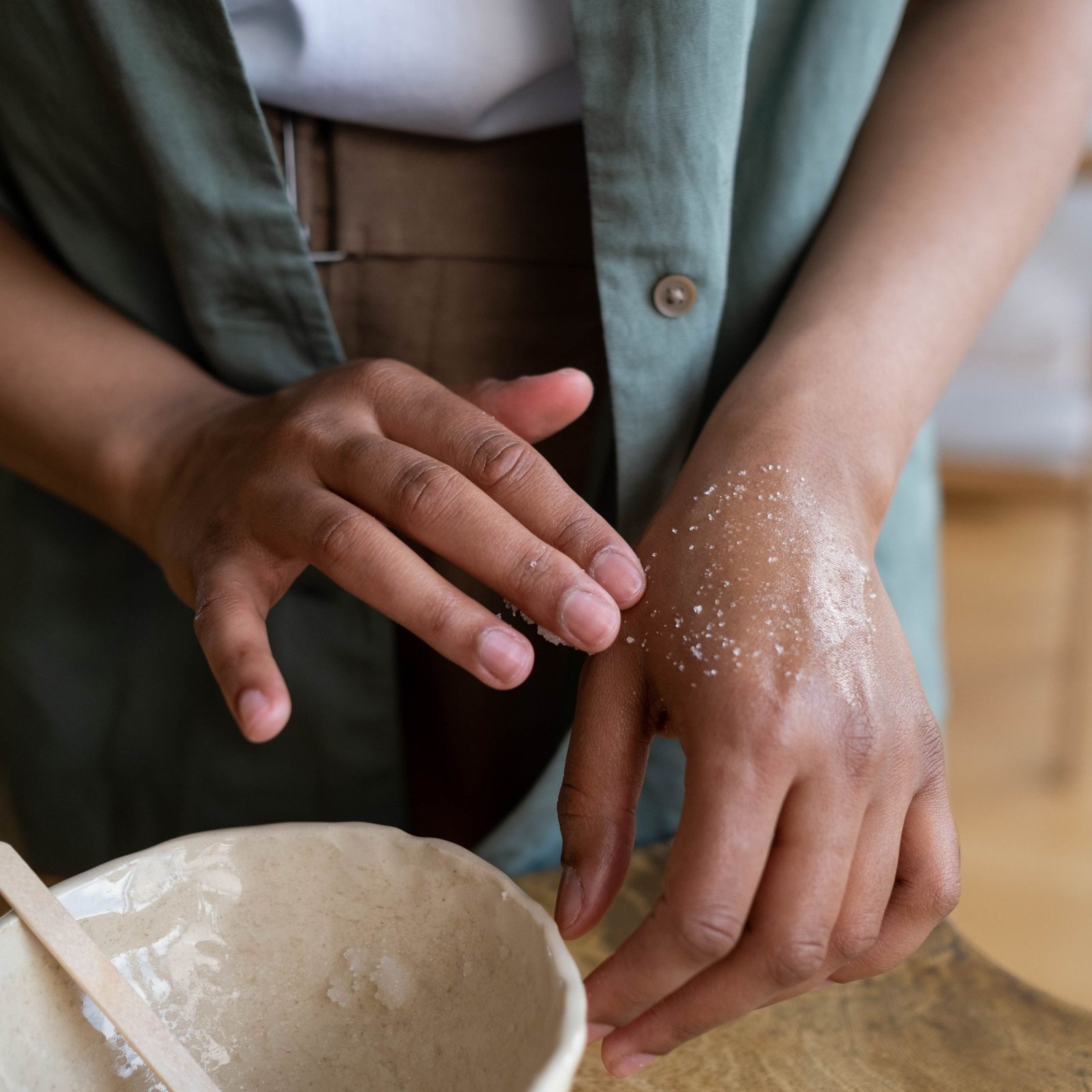 Close-up of hands applying a homemade exfoliating scrub in a rustic bowl.